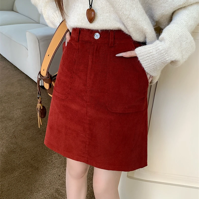大码安可拉红灯芯绒半身裙女秋冬新款高腰显瘦a字裙复古百搭短裙