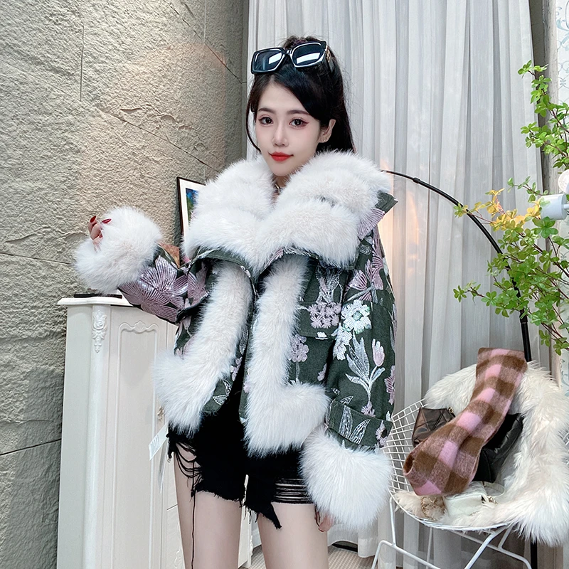 冬季时尚穿搭保暖重工刺绣皮草大衣休闲外套女P0137花绿