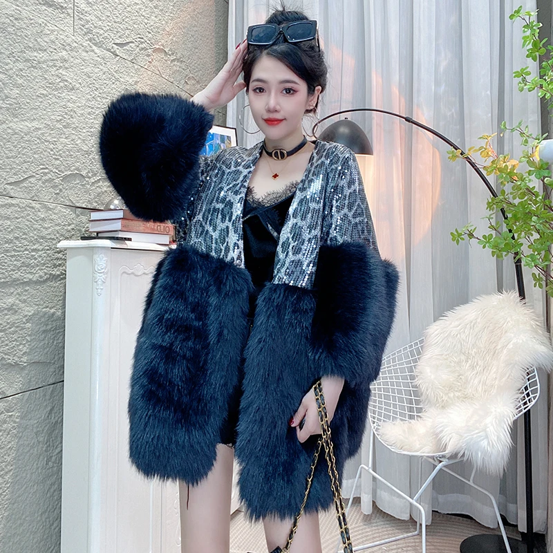 冬季时尚亮片拼接仿真皮草休闲外套女P0109黑色