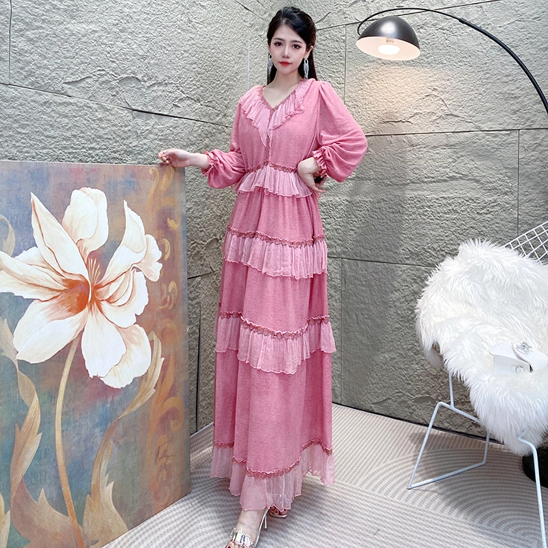 Bikamo/比卡陌2024秋冬新款长袖真丝羊毛连衣蛋糕裙女D0238粉色