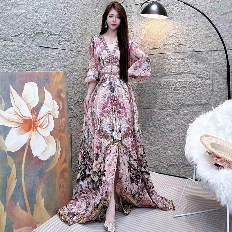 Bikamo/比卡陌高端法式真丝连衣裙100％桑蚕丝礼服长裙女YB941粉花