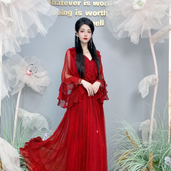 Bikamo/比卡陌 夏季新款桑蚕丝真丝连衣裙女收腰显瘦Y502238酒红