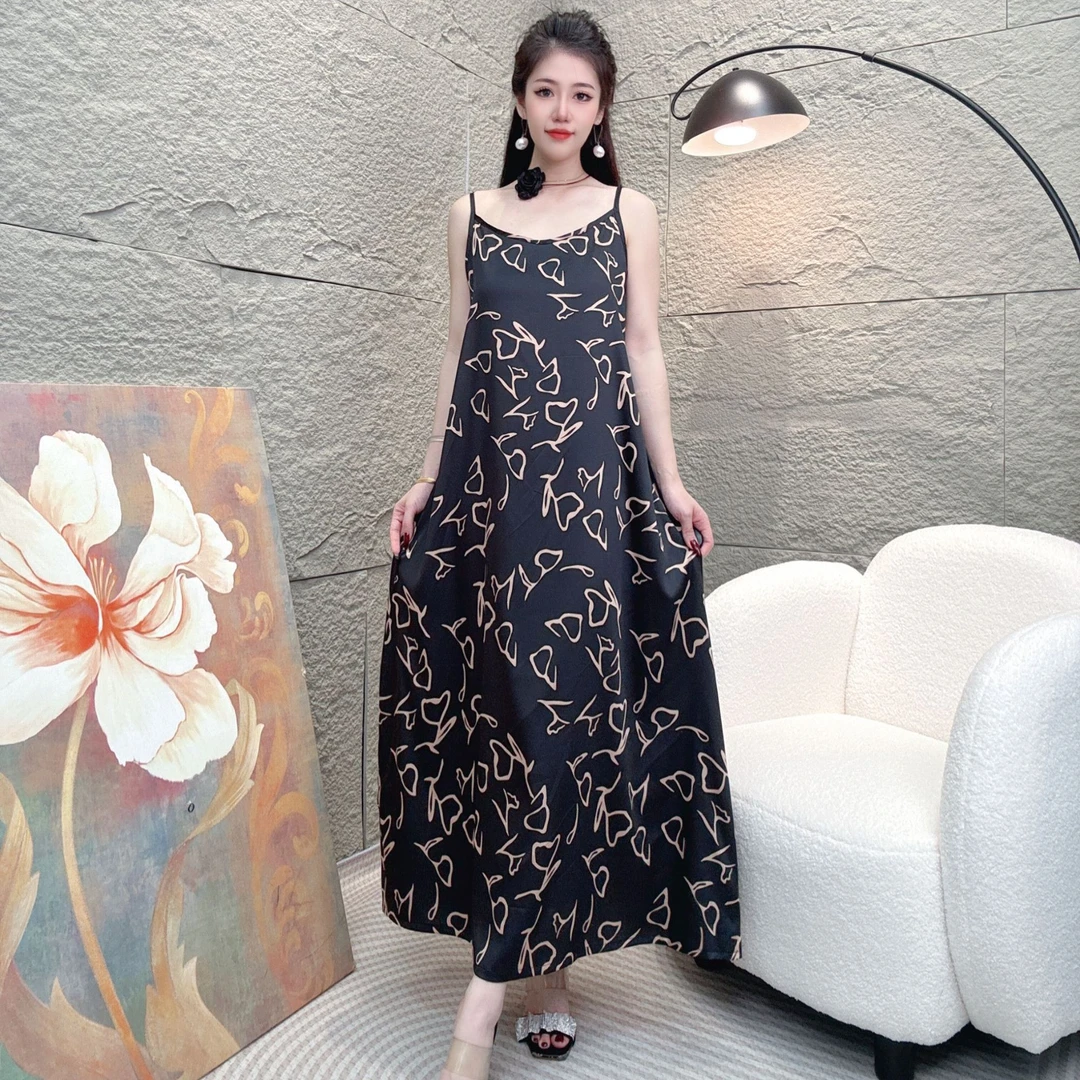 Bikamo/比卡陌【墨雅】时尚印花气质吊带连衣裙裙子Q0184黑色