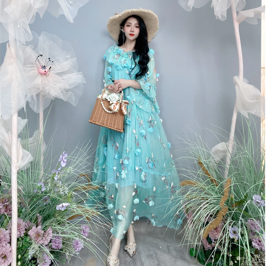 Bikamo/比卡陌 飘花真丝立体飘花七分袖圆领连衣裙女Y9120-1A淡绿