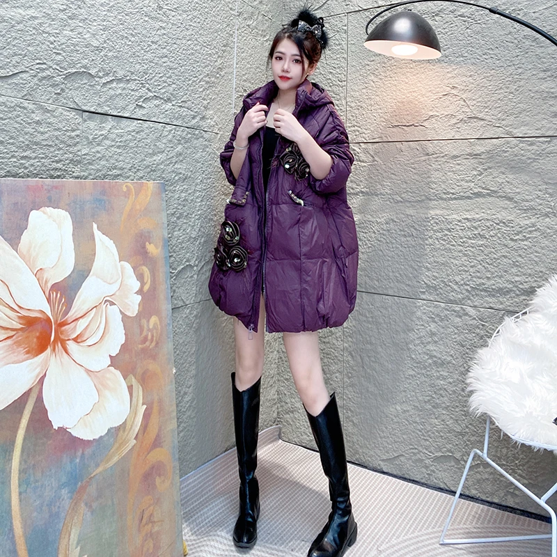 Bikamo/比卡陌2024新款冬季时尚洋气立体花白鸭绒羽绒服L8822紫色