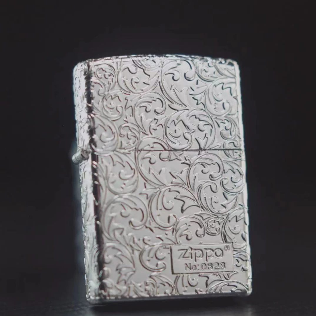 zippo打火机正品亮银唐草雕刻五面厚镀银送礼打火机diy