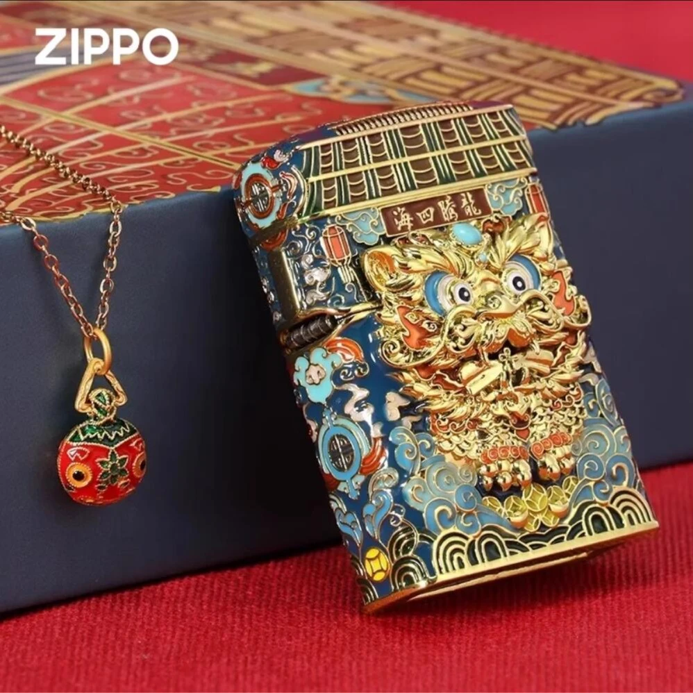 ZIPPOZippo正品打火机龙狮镀金夜光珐琅彩国潮中国防风煤油送男友