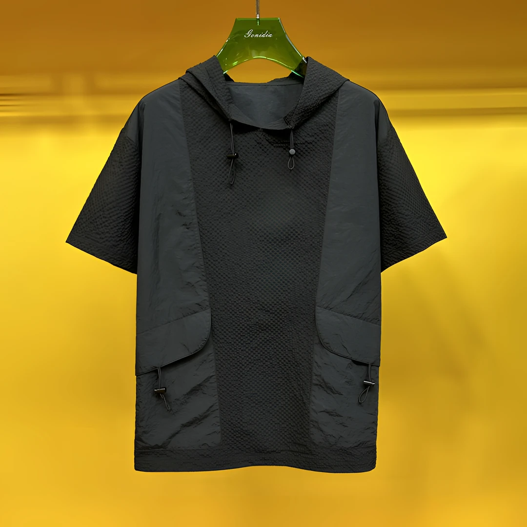 【S5159】男士拼接连帽半袖时尚休闲宽松高级感黑色设计师