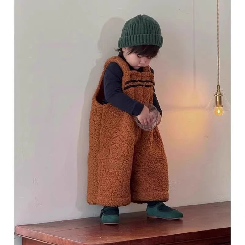 童装2024新款男女童羊羔毛背带裤儿童加厚保暖裤子小童宝宝打底衫