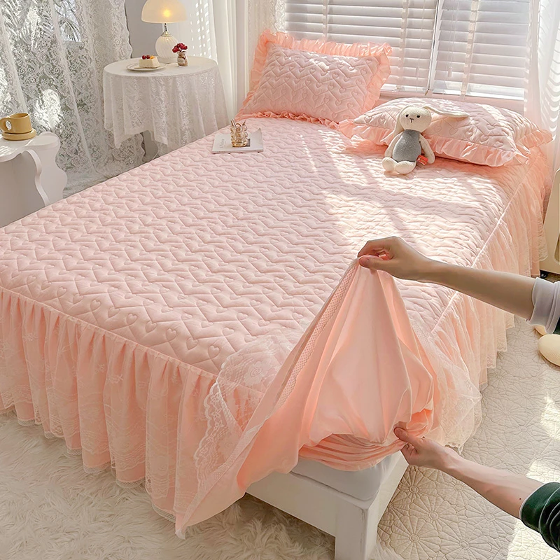 韩式夹棉床笠床罩带裙边单件花边床裙床垫防尘套保护罩枕套三件套