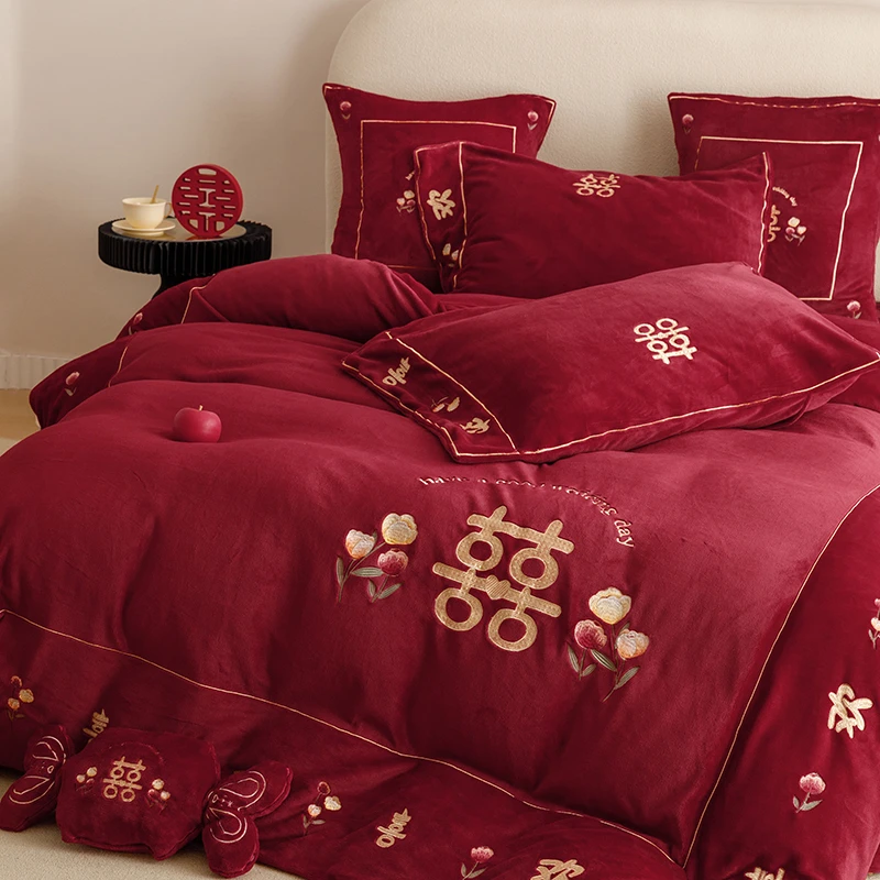 牛奶绒四件套结婚红色被套冬季珊瑚绒婚庆床上用品加厚新婚绒被单