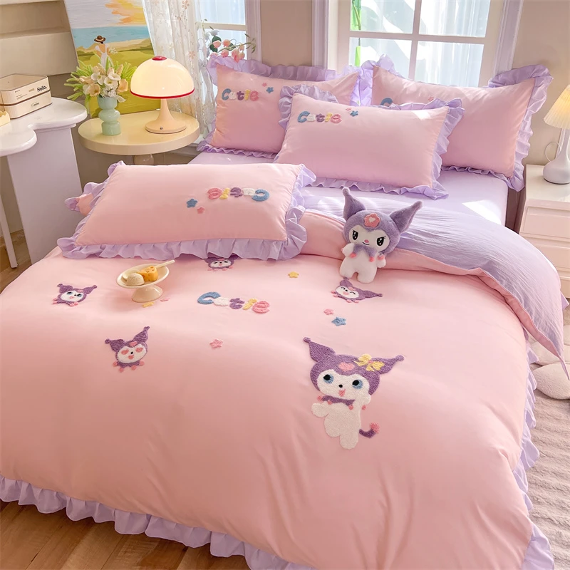 库洛米毛巾绣学生宿舍三件套可爱女孩被罩四季通用双人被套四件套