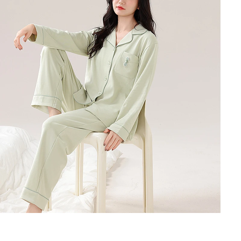 女士女大学生秋季纯棉睡衣新款中国风可外穿翻领全棉家居棉绸睡衣