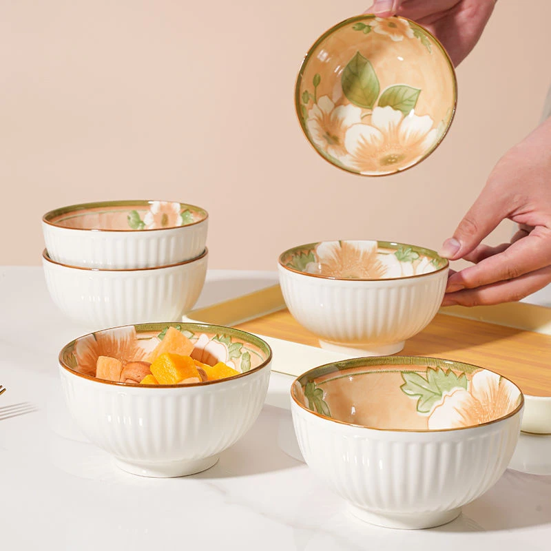 新款日式山茶花家用陶瓷米饭碗套装 复古风高颜值吃饭碗小碗餐具