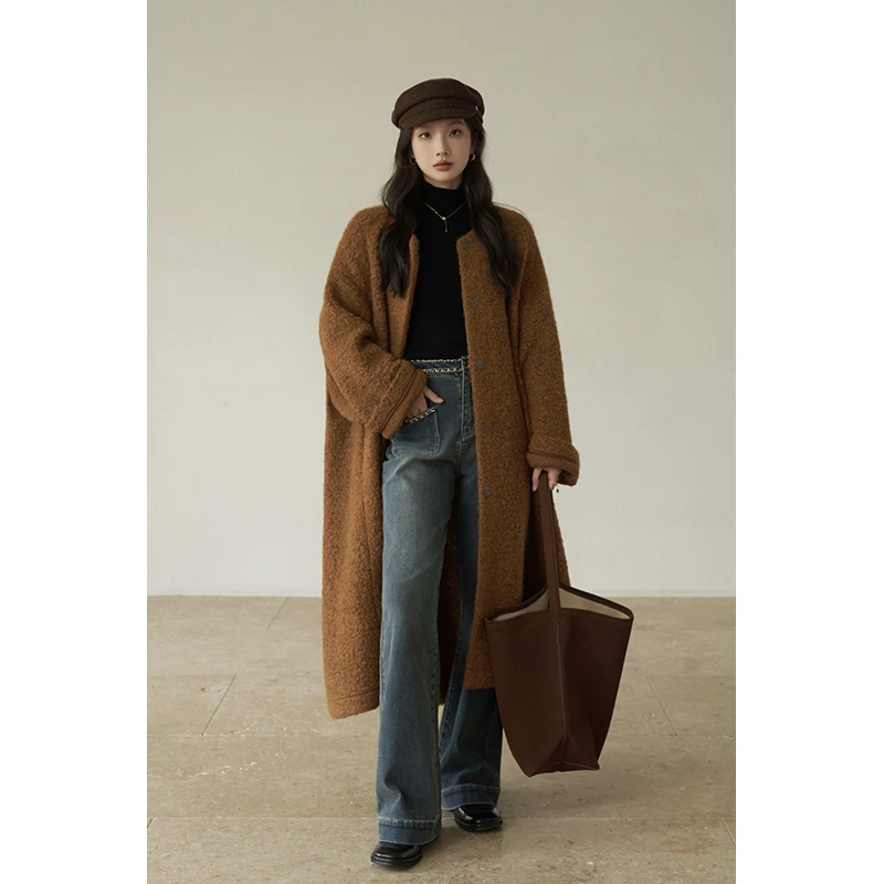 且可ChillCozy布达佩斯 羊驼毛绵羊毛立体圈圈毛中长款大衣外套