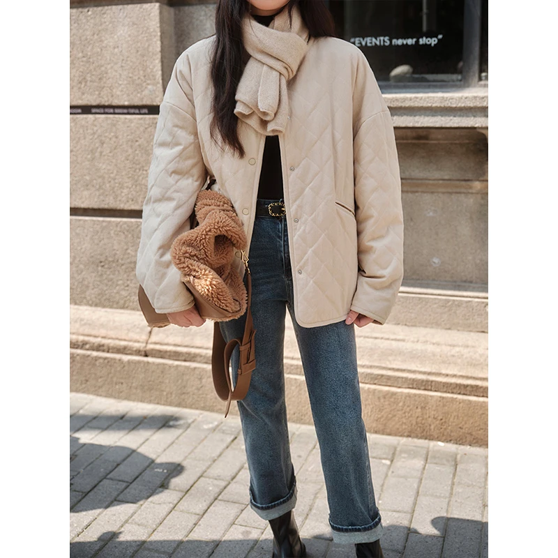 且可ChillCozy 赫拉 100棉复古菱形格圆领廓形撞色棉服外套女秋冬