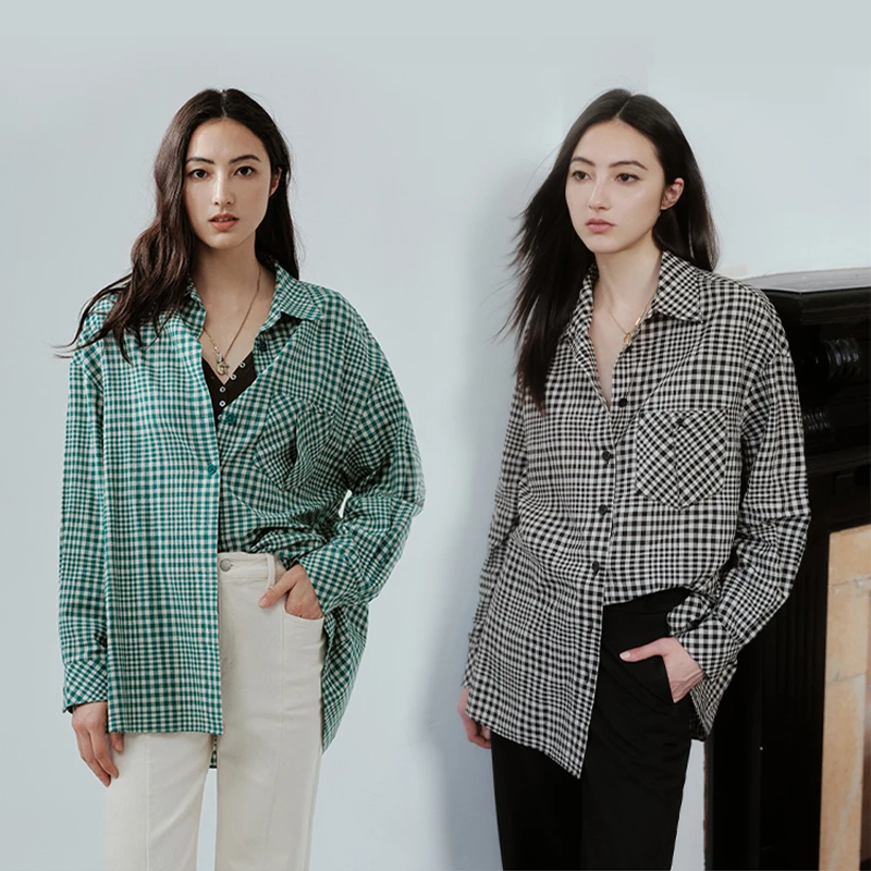 且可ChillCozy 坎帕尼 日本苎麻棉混纺纱宽松格子衬衫