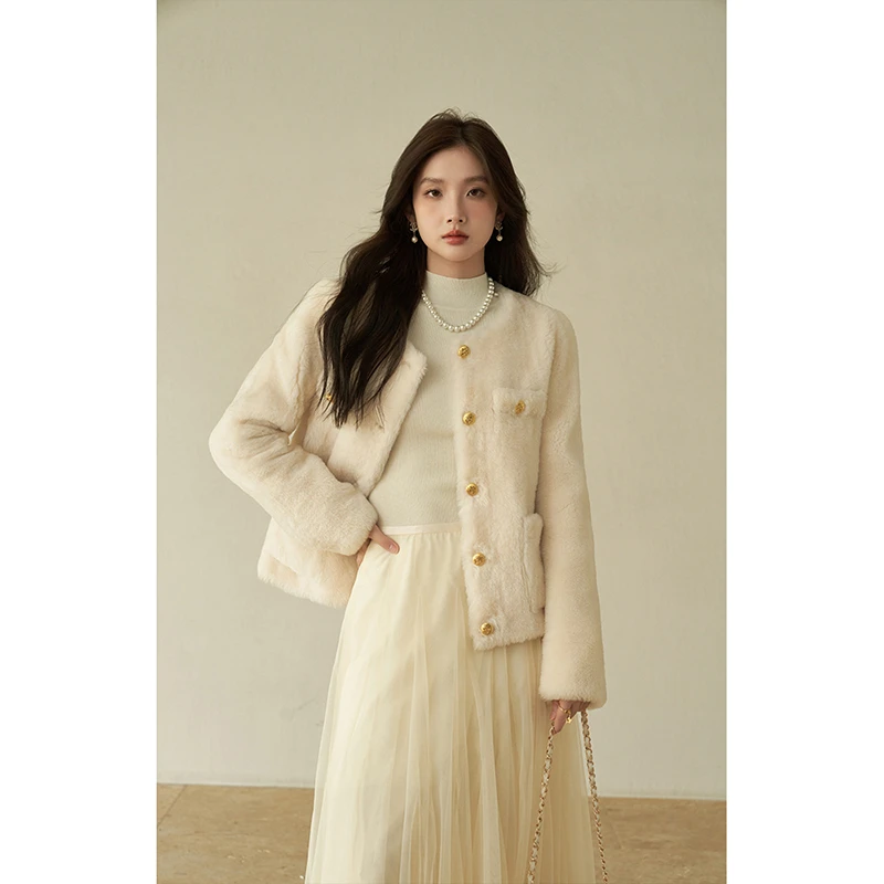 且可ChillCozy 圣诺里 南非洛曼气质复古皮毛一体小香风外套女冬