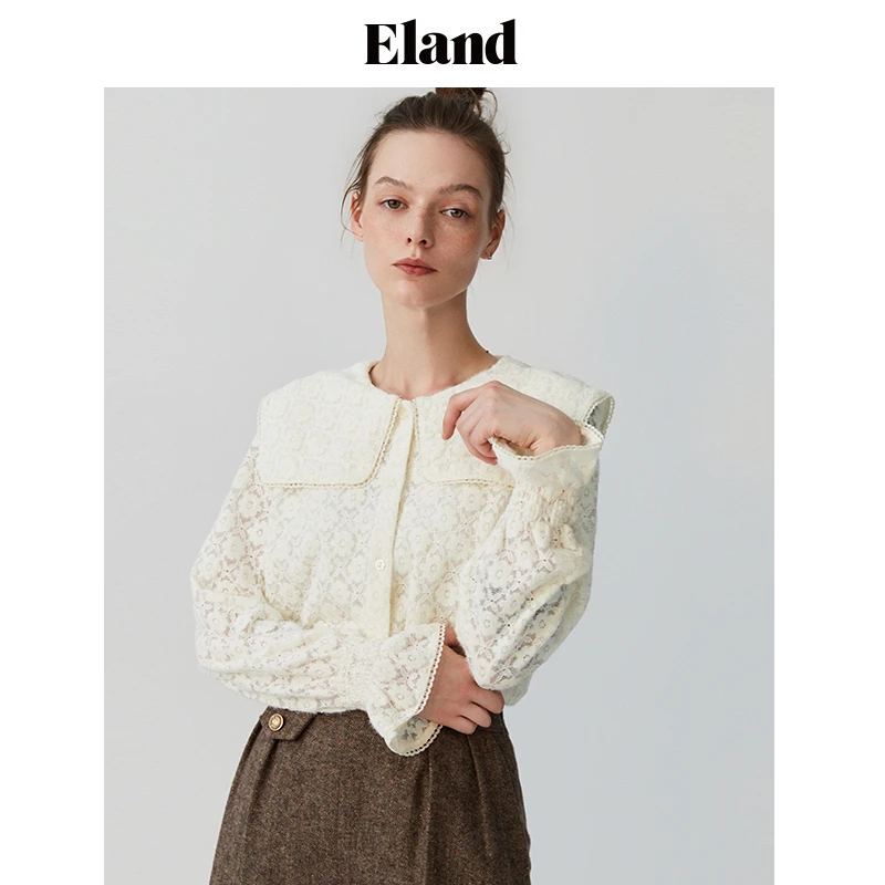 Eland衣恋秋新款甜美复古蕾丝衬衫针织花边长袖EEBWC8T01I