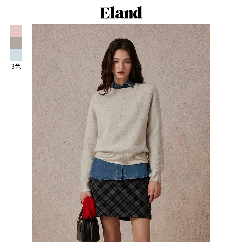 Eland衣恋毛衣女纯色绵羊毛圆领宽松上衣2024冬季新款EEKWE4TM01