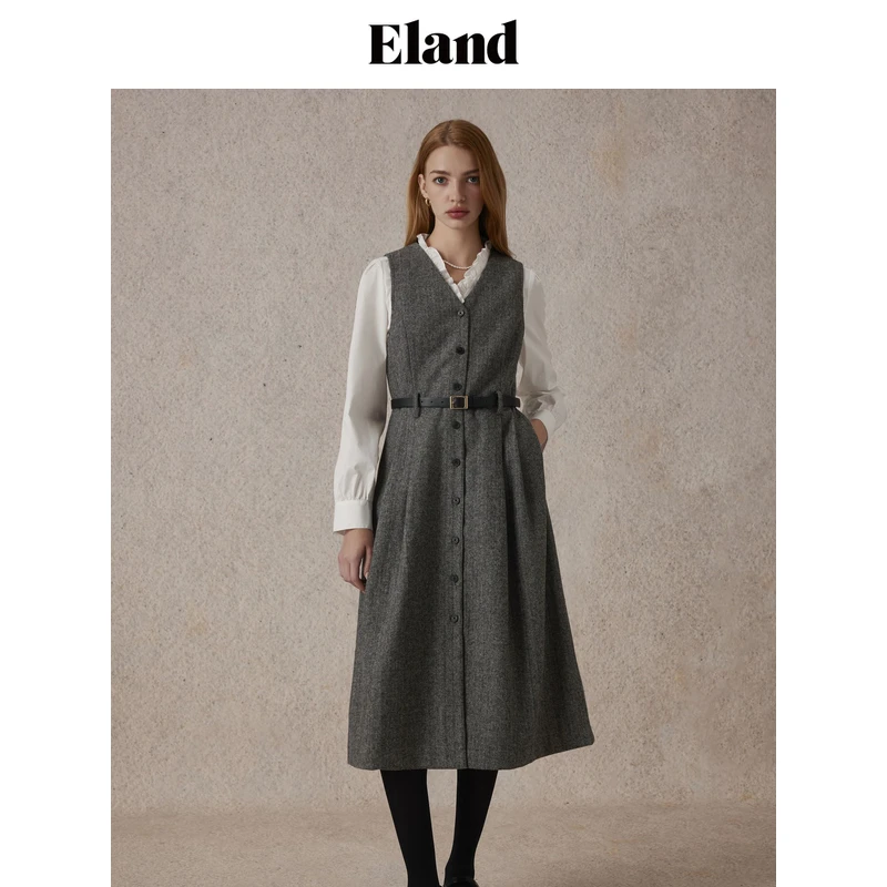 Eland衣恋秋冬新款v领含绵羊毛柔软通勤西装连衣裙女EEOWE4TQ91