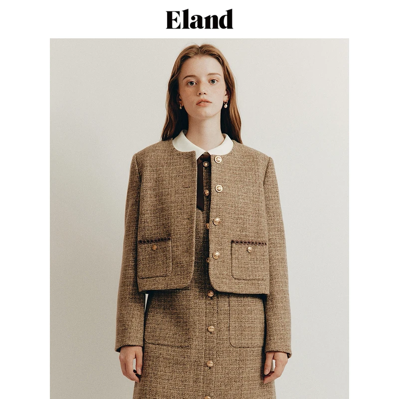 Eland衣恋西装外套女短款经典小香风早秋口袋织带新款EEJKD49Y06