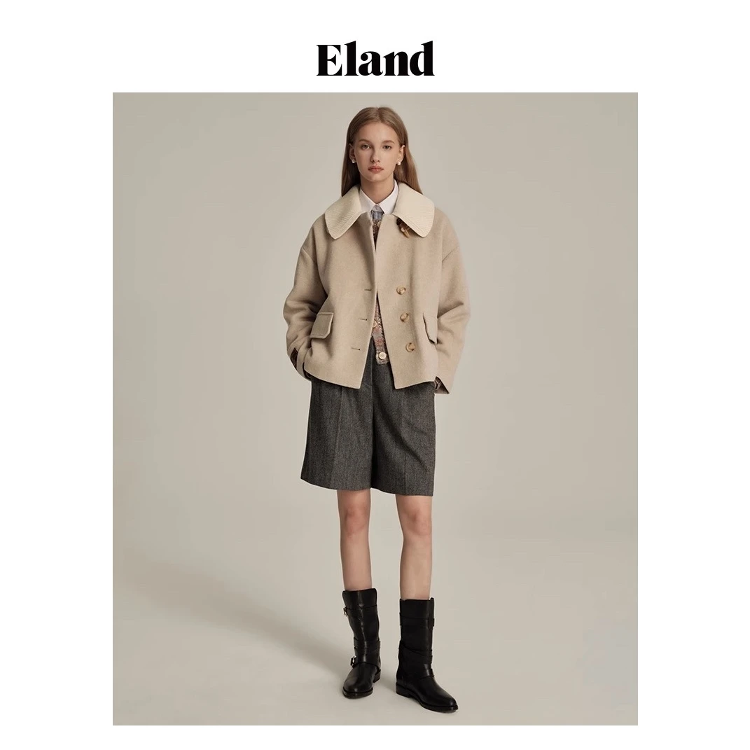 Eland衣恋毛呢外套女中短款阔型小落肩可脱卸外套女EEJWD4TT4I