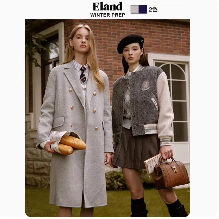 【商场同款新品】Eland衣恋秋冬学院斑驳领毛呢外套大衣EEJWE11R04