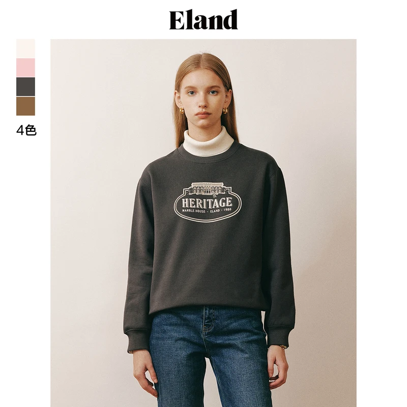 Eland衣恋休闲卫衣女圆领落肩微宽松简约斜纹绣卫衣EEMTD4TR01