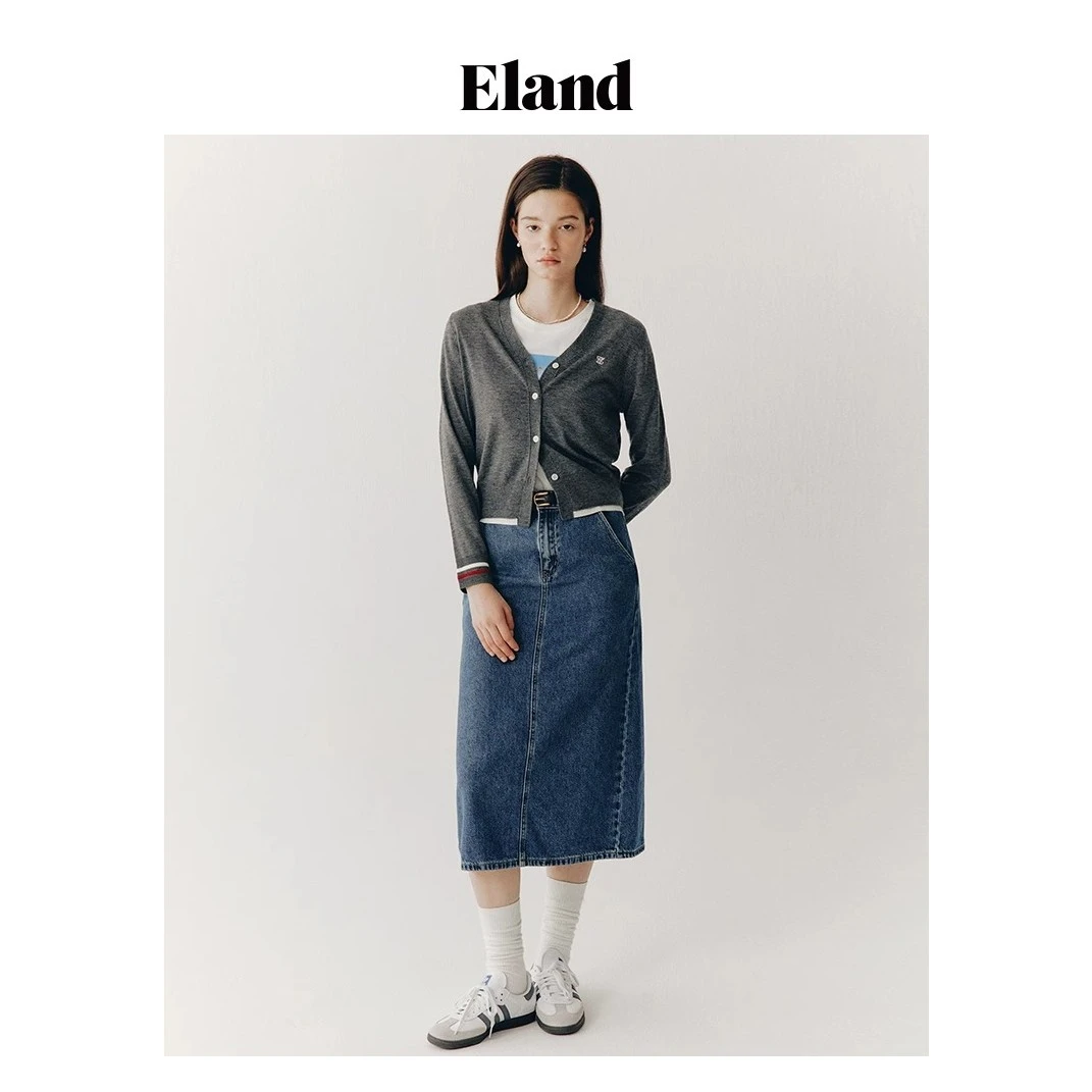 Eland衣恋牛仔中长款高腰金属扣复古风裙子女新款EEWJD37Q92