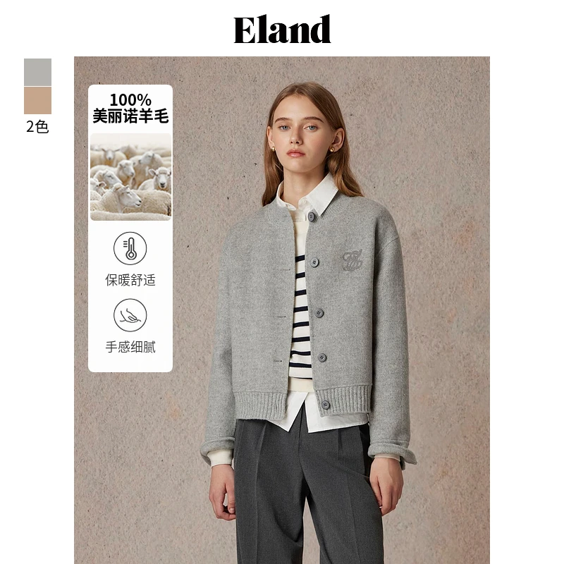 Eland衣恋毛呢外套女学院风含绵羊毛保暖棒球夹克EEJWE4TB15