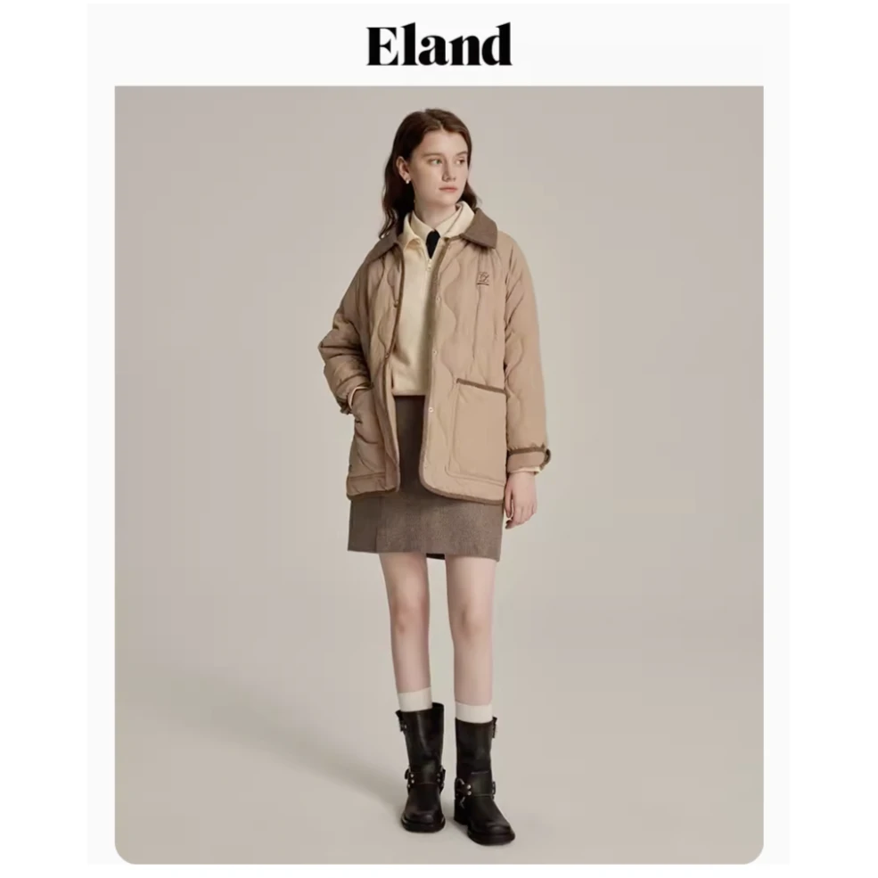 Eland衣恋羽绒服老钱风翻领花纱A字版型外套新款EEJDD4TT1I热力感