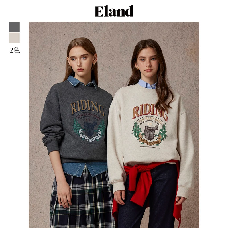 【商场同款新品】Eland衣恋卫衣女运动风长袖宽松棉感休闲上衣2024