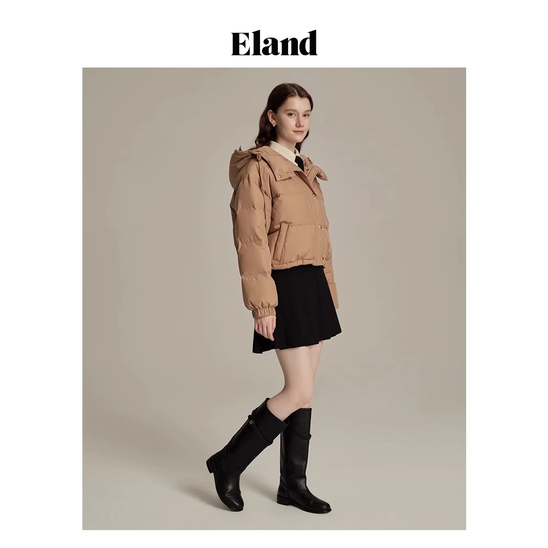 Eland衣恋羽绒服女短款连帽抽绳及腰落肩面包服外套EEJDD4VC01