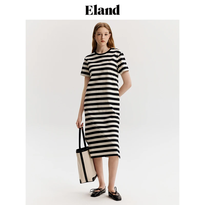 Eland衣恋宽纯棉撞色条纹连衣裙休闲时髦H型裙子2024夏EEOME25Y01