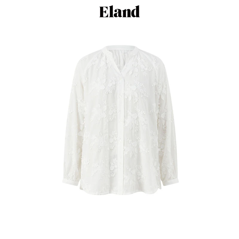 Eland衣恋衬衫女宫廷欧若风穿搭v字重工刺绣薄款上衣EEBWE49T91