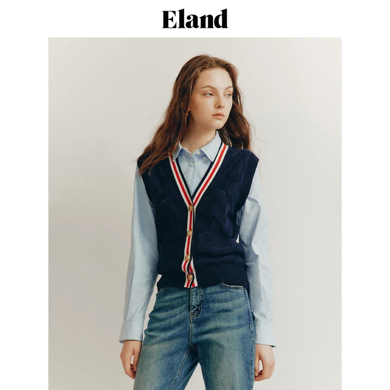 Eland衣恋学院风镂空设计感撞色清凉扣背心女早秋穿搭EEVKD49Y01
