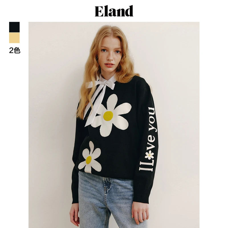 Eland针织女秋季学院风雏菊提花圆领套头针织毛衣女EEKWD38J01