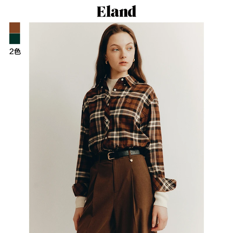 Eland衣恋衬衫女纯棉经典美式复古格纹轻磨早秋新款EEYCD49Y01