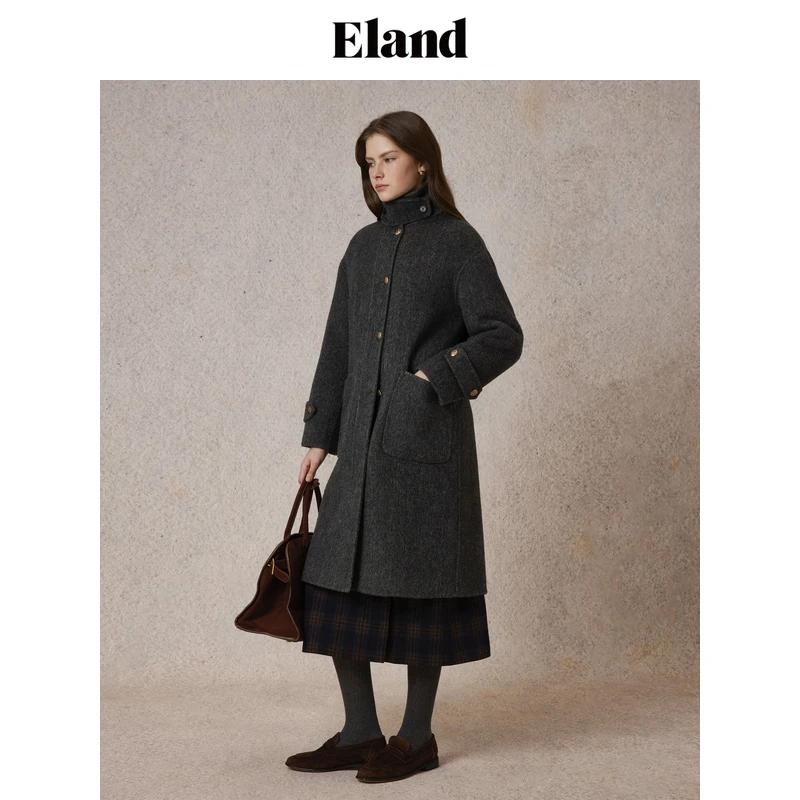 【商场同款新品】【双面呢】Eland衣恋毛呢外套女含羊驼毛立领长大衣