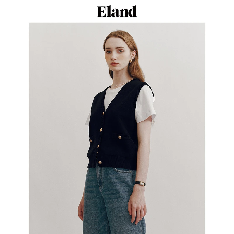 Eland衣恋经典短款马夹女肌理感挺阔舒适V领背心2024春EEVKE12Y02