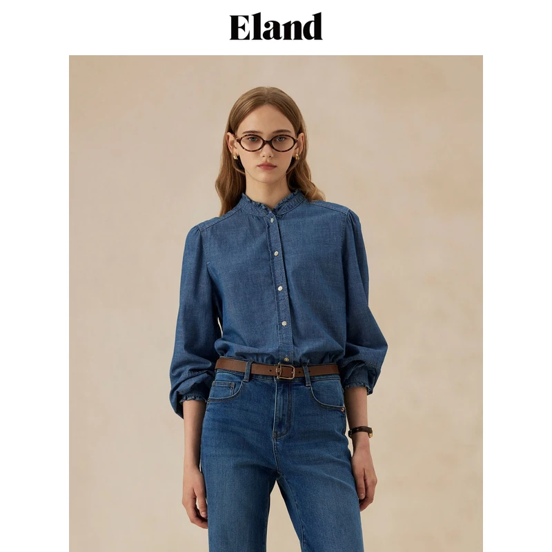 【商场同款新品】Eland衣恋衬衫女复古木耳边舒适牛仔外套2024秋季