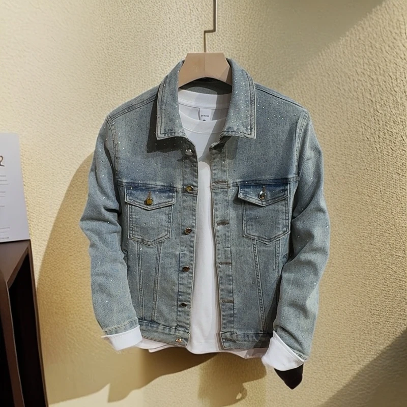 秋季新款时尚男士满天星烫钻牛仔服潮流轻奢痞帅百搭夹克外套