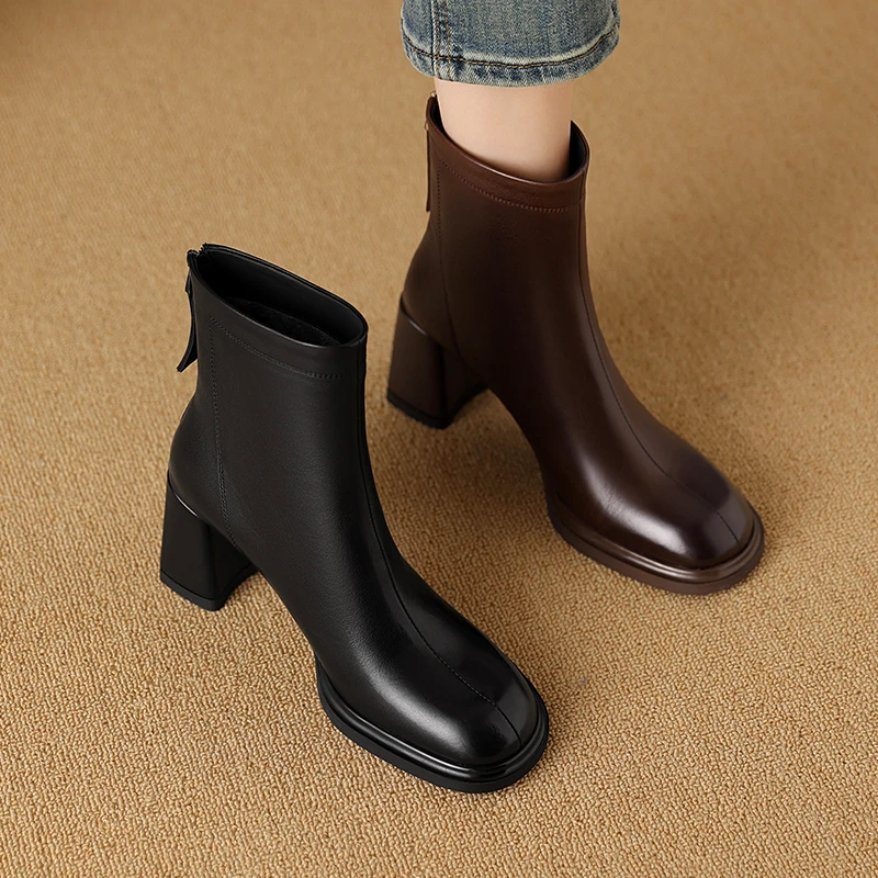 7.5CM真皮粗跟短靴女法式复古高跟及裸靴秋新款气质绒里女靴子 SS