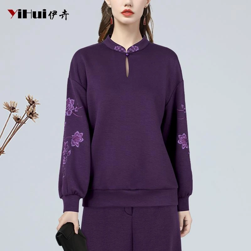 YIHUI伊卉新中式刺绣花卫衣女长袖上衣盘扣立领外套时尚SJ245010