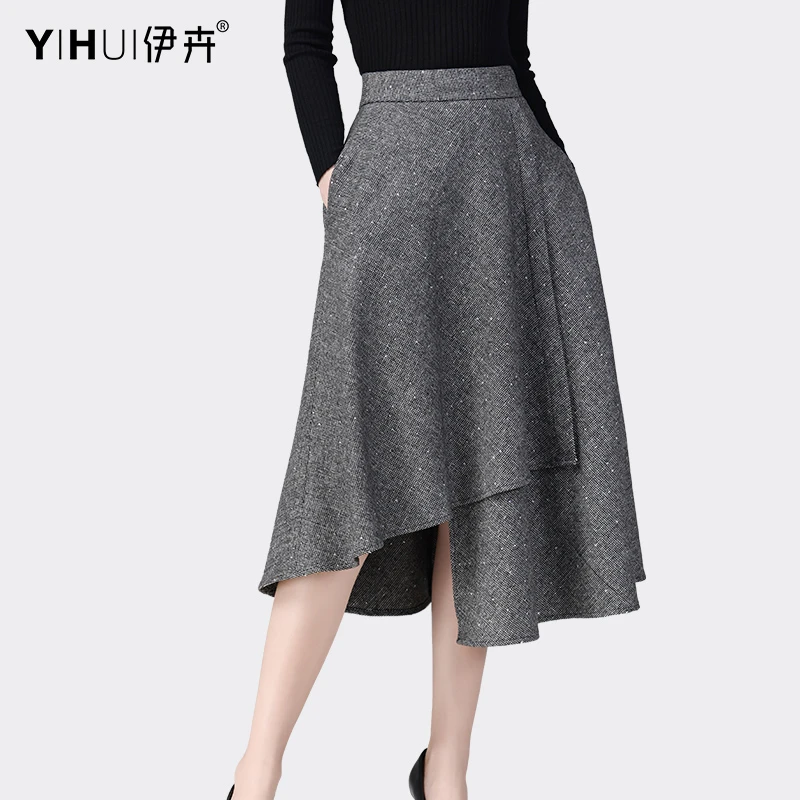 YIHUI伊卉高腰气质毛呢半身裙女中长款不规则a字裙时尚显BJ22516