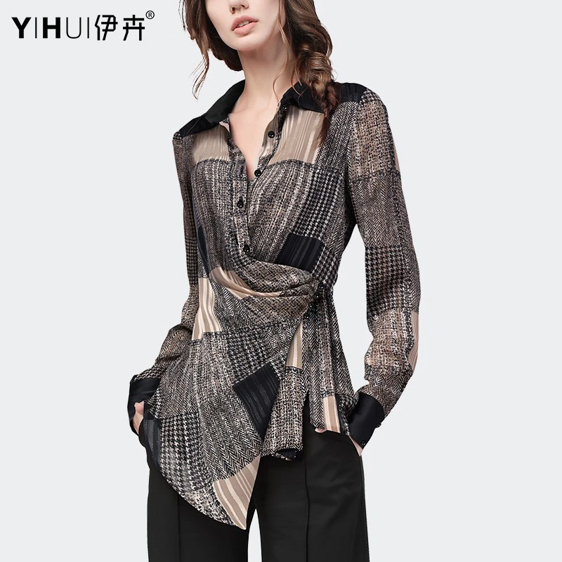 YIHUI伊卉2025春中长款洋气雪纺衫上衣女不规则收腰显瘦SA23110