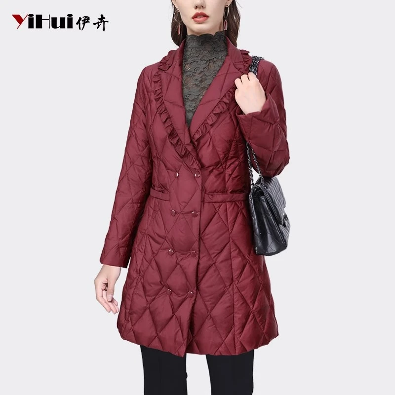 YIHUI伊卉小香风木耳边西装领羽绒服外套女中长加绒保暖WH231781
