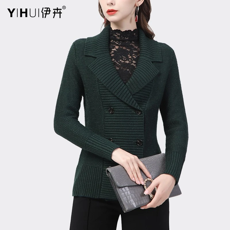 YIHUI伊卉西装领双排扣毛衣外套女修身显瘦针织衫开衫外搭WE19901