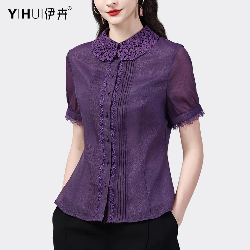 YIHUI 伊卉欧货蕾丝拼接衬衫女设计感polo领短袖显瘦上衣SD23855
